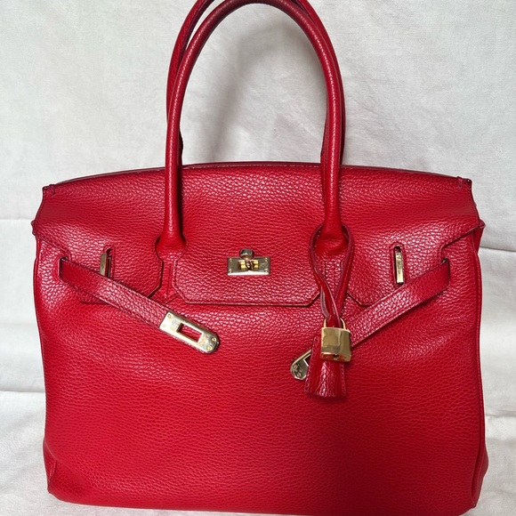 italian leather Bags Vintage Genuine Italian Leather Red Birkin Style Bag Gold Hardware